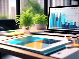 Business Growth in Modern Office with Laptop, Charts, and Financial Technology