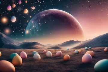Foto op Canvas A photo of easter eggs with a cosmic outer space background ai generative © BillyMakes