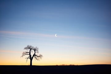 crescent moon beside a silhouetted lone tree