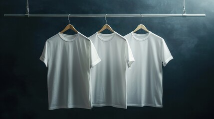 hanging t-shirt mock up, daylight in studio, T-shirt advertisement, merchandise, dark background, rack clothes   