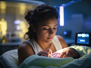 Newborns being treatment with ultraviolet light to solve jaundice design. - obrazy, fototapety, plakaty