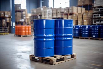 barrels on pallets in the warehouse, two blue barrels in a warehouse with chemical products, generative ai - obrazy, fototapety, plakaty