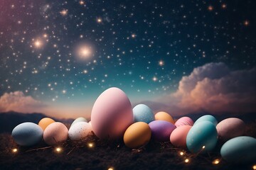 A photo of easter eggs with a cosmic outer space background ai generative