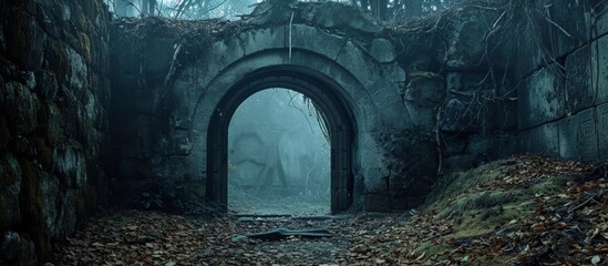 Glimpse of an ancient cemetery crypt entrance. - obrazy, fototapety, plakaty