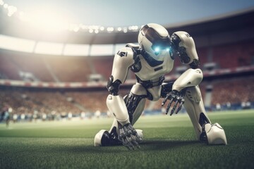 Robot playing soccer match. Modern and professional technologies with football. Generate AI