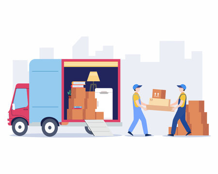 Moving service truck with loading cardboard boxes into the truck House relocation vector illustration.
