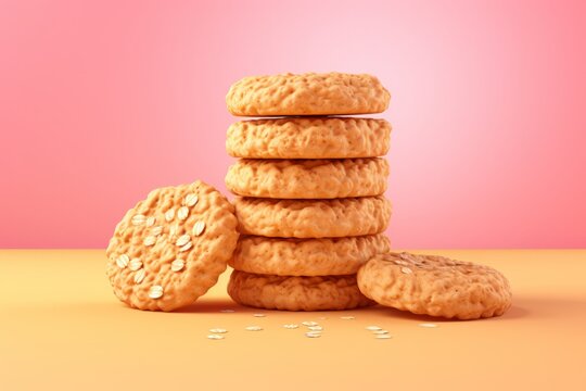 Classic Oatmeal Biscuits with a Homely Touch, on isolated pink background, Generative AI