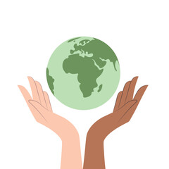 Save the planet. Different race hands holding globe. Earth day concept. Saving the planet together. Modern colorful vector illustration cartoon