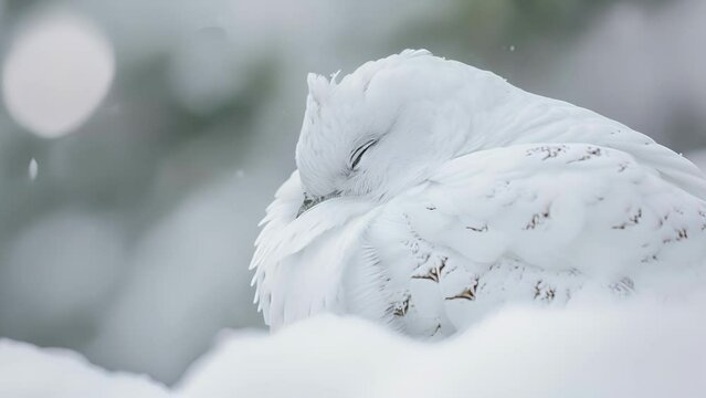 Closeup of a ptarmigans snowy white feathers perfectly camouflaged against the backdrop of a snowy landscape.