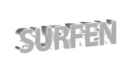 Surfen, Wellenreiten, Windsurfen, Internet, Sport - silberne plakative 3D-Schrift, Freisteller, Rendering
