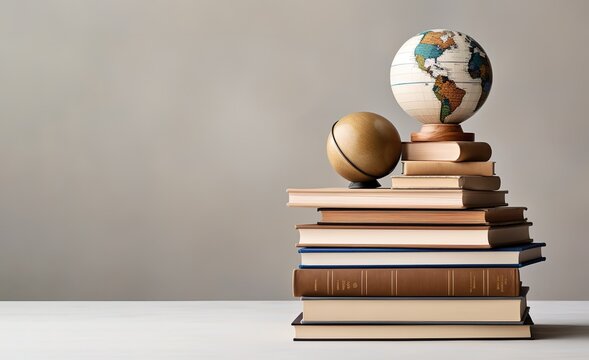 a pile of books on the table with a globe on top