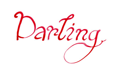 Fototapeta na wymiar The word Darling in red on a white background. Calligraphy. The letters have a gradient from dark to light. Round shape. Italic font. Lettering. A love card. Valentine's Day.