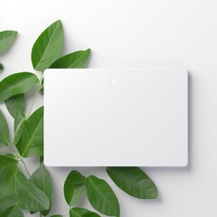 Fototapeta na wymiar mockup on white background of a white plastic card including small green leaf generative AI.