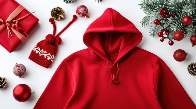 Set Close up red white blank template sweatshirt with copy space. Christmas Holiday concept. Top view mockup hoodie, holidays decorations on white background. Happy New Year accessories. Xmas outfit 