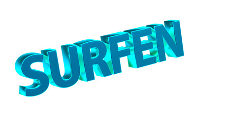 Surfen, Wellenreiten, Windsurfen, Internet, Sport - hellblaue plakative 3D-Schrift, Freisteller, Rendering
