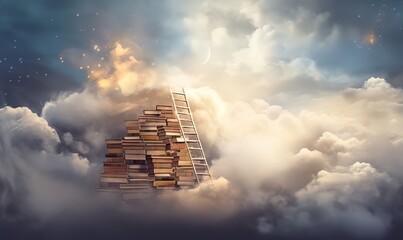 A ladder in front of a tall stack of books that pierced the clouds in the sky. generative AI