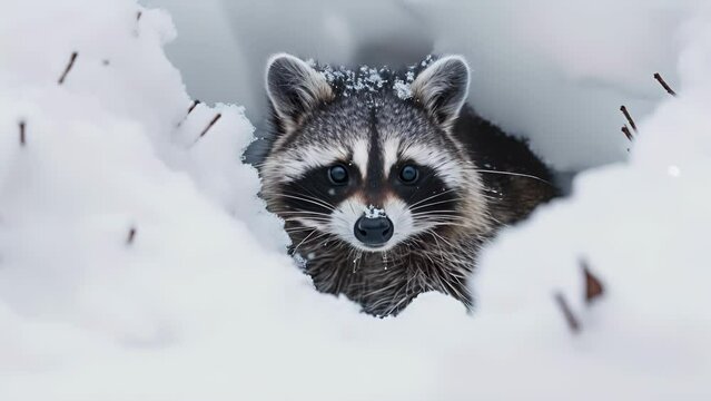 Closeup of a mischievous rac its masked face emerging from a fluffy snowdrift.