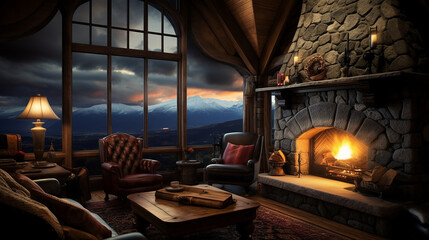 mountain lodge with a stone fireplace watching rain