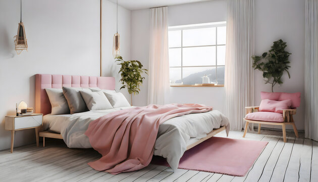 Light, cute and cozy home bedroom interior with unmade bed, pink plaid and cushions on empty. Generative AI.
