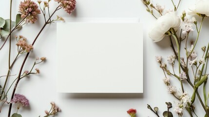 White Greeting Card Mockup with Subtle Boho Floral Accents. Invitation Card Mockup With Flowers For Special Occasions    - obrazy, fototapety, plakaty