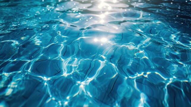 Top view. Blue water surface reflecting bright sunlight. Water in swimming pool. Closeup background with bokeh from sunlight.