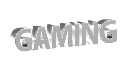 Gaming, plakative silberne 3D-Schrift, Gaming, Computerspiele, Online-Gaming, E-Sport, Gaming-Community, PC-Spiele, Konsolenspiele, Virtual Reality, Multiplayer, Rendering, Freisteller, Alphakanal