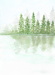 Watercolor painting nature background of forest with fog, sky and river on paper. illustration landscape for environment or springtime, summer and season. copy space. Hand painted texture style.