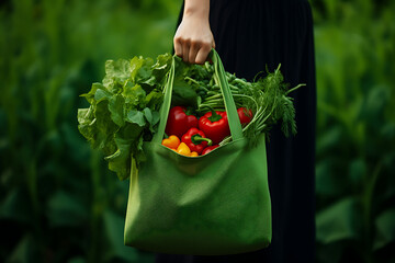 Eine Frau trägt eine grüne Tasche voll mit frischem Gemüse  - obrazy, fototapety, plakaty