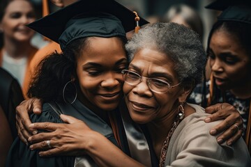 Fototapeta premium Mother hugging her daughter in graduation cap
