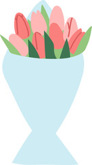 bouquet of beautiful pink tulips wrapped in paper flat vector illustration