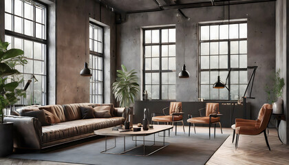 Living room interior in loft, industrial style, 3d render. Generative AI.