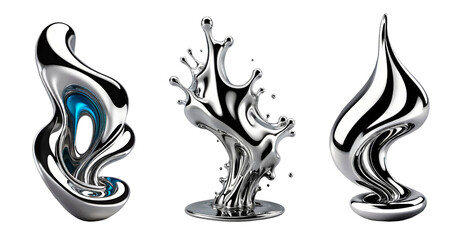3d chrome metal melting fluid shape. Abstract dripping liquid mercury metallic icon.  - obrazy, fototapety, plakaty
