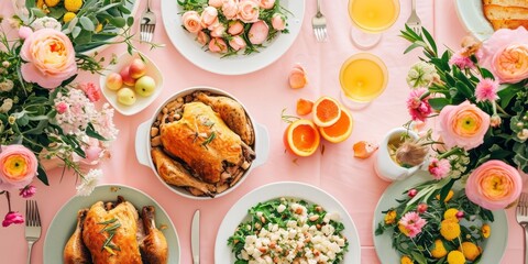 A lot of different food on a pastel pink table, top view. Pasta, fresh cereal bread, grilled chicken, vegetables and salad. Flat lay. Copy space.