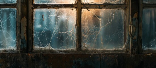 Indoor view of cobwebbed old window in abandoned yard - obrazy, fototapety, plakaty