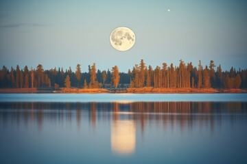 full moon rising over a calm lake