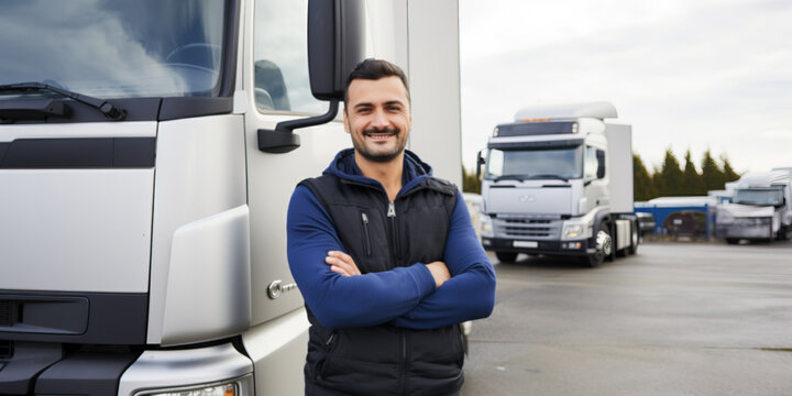 Happy confident driver standing in front on his truck and looking at camera