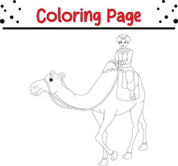 Fototapeta na wymiar little boy riding camel coloring page