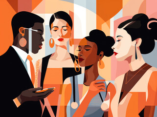 A modern, vibrant illustration of a diverse professional group interacting, with abstract geometric elements and stylish details.