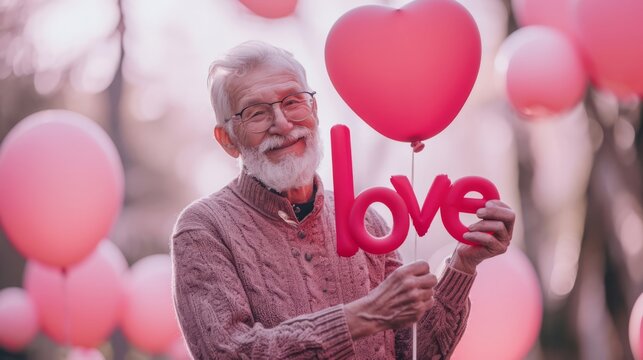 mature man holding a heart shaped balloon, smiling love