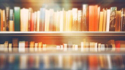 A row of various kinds of books with a library background photographed with a blur effect. generative AI