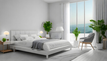 white bedroom interior for mockup, 3D rendering. Generative AI.