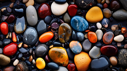 Nasse bunte Steine an einem Flussufer, Hintergrundbild  - obrazy, fototapety, plakaty