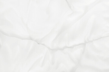 Close up top view of white bedding sheet and wrinkle messy blanket in bedroom after wake up in the morning. - obrazy, fototapety, plakaty