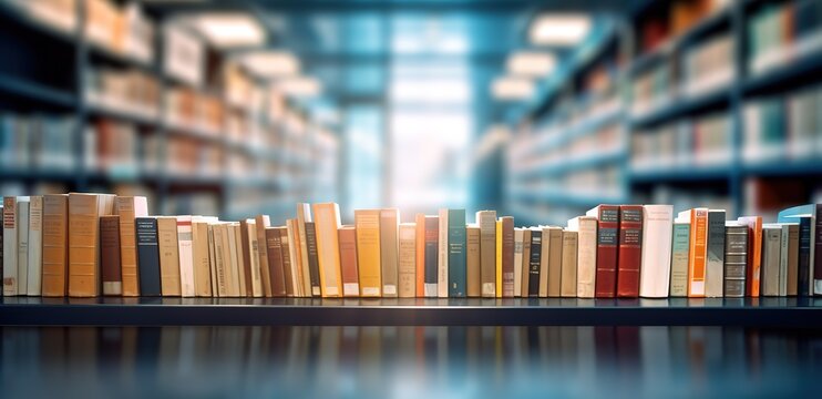a row of books with a library background photographed with a blur effect. generative AI
