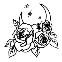 Crescent moon with rose flowers had drawn