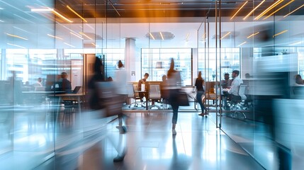 Crowd at the office. Blurred business people background. Busy time work scene. Rush hour time concept