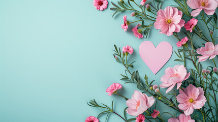 Pink flowers and paper heart over punchy pastel background