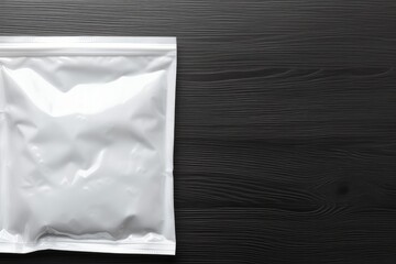 White plastic bags on black background, top view. Space for text