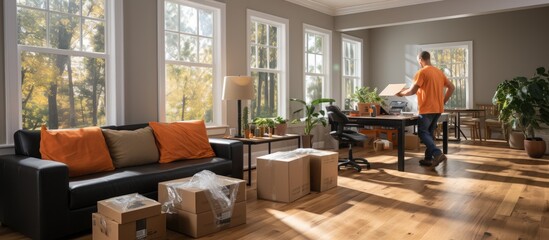 Delivery service worker removes furniture from apartment. moving company