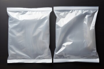 White plastic bags on black background, top view. Space for text